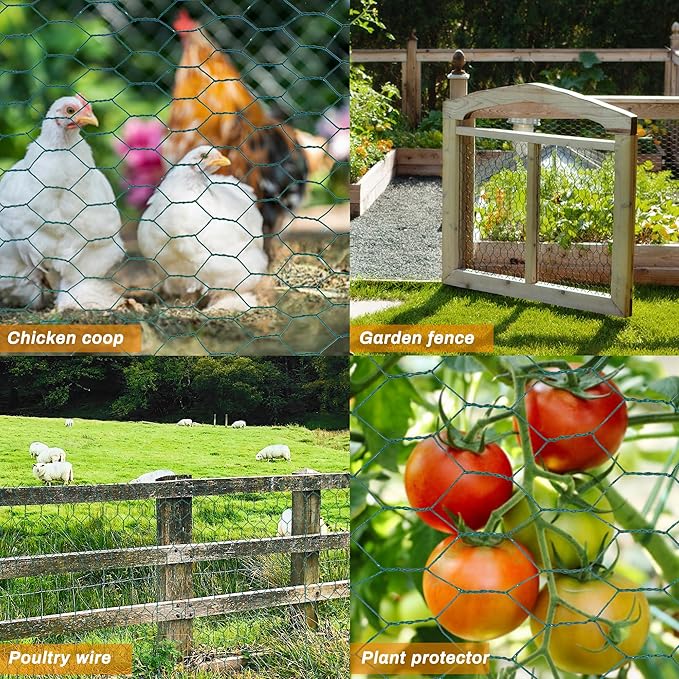 Green Chicken Wire 36 inch(H) x 100 ft(L), Anti-Rust Hexagonal Galvanized Metal Garden Netting for Floral Arrangements, PVC Coated Chicken Wire Coop for Crafts Plant Protector Pet Rabbits Fencing