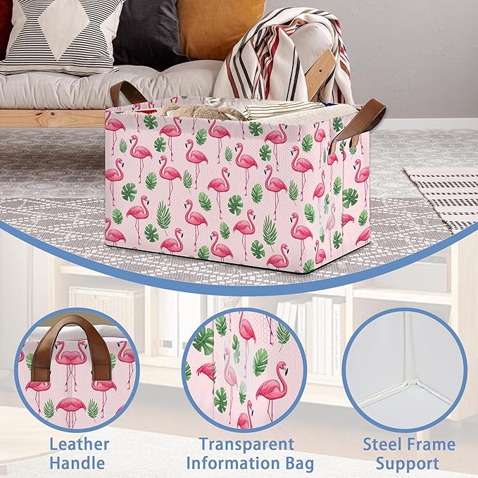 Flamingo Storage Baskets,Palm Leaves Tropical Foldable Organizer Bin with Handles for Home Living Room Bedroom Closet Box 17x11.5x10Inch