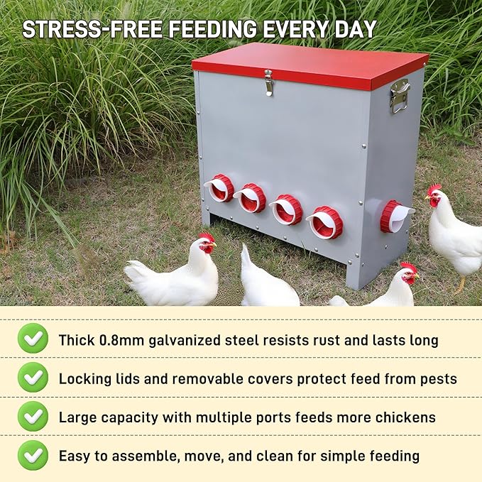 Large 85LB Automatic Chicken Feeder No Waste, Rat Proof Metal Poultry Feeder with 10 Feeding Ports, Rust-Proof Galvanized Steel Auto Chicken Feeder with Locking Lid for Chickens, Geese, Duck & Poultry