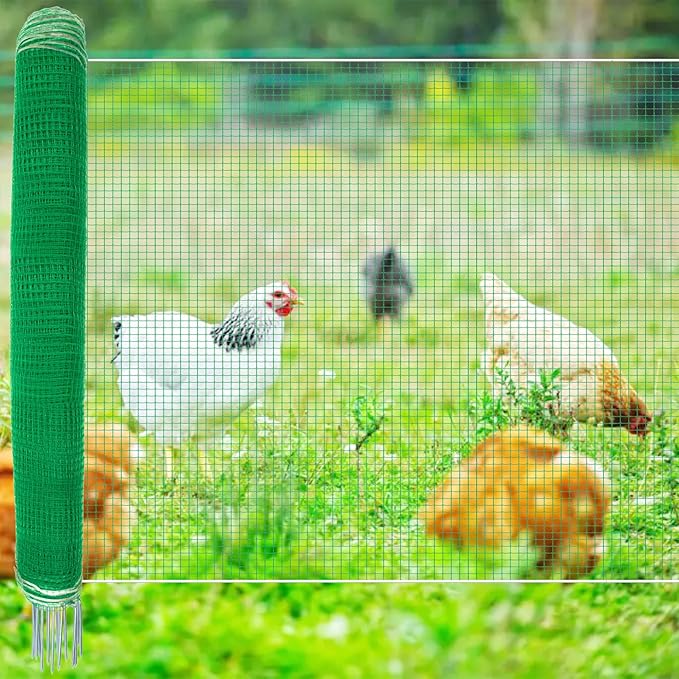 Non Electric Fence Netting 48" x 100', Boundary Fence with Double Spiked Posts&Windproof Kit, Portable Poultry Fence for Dogs, Chickens, Ducks, Turkeys Suitable in Backyard, Garden