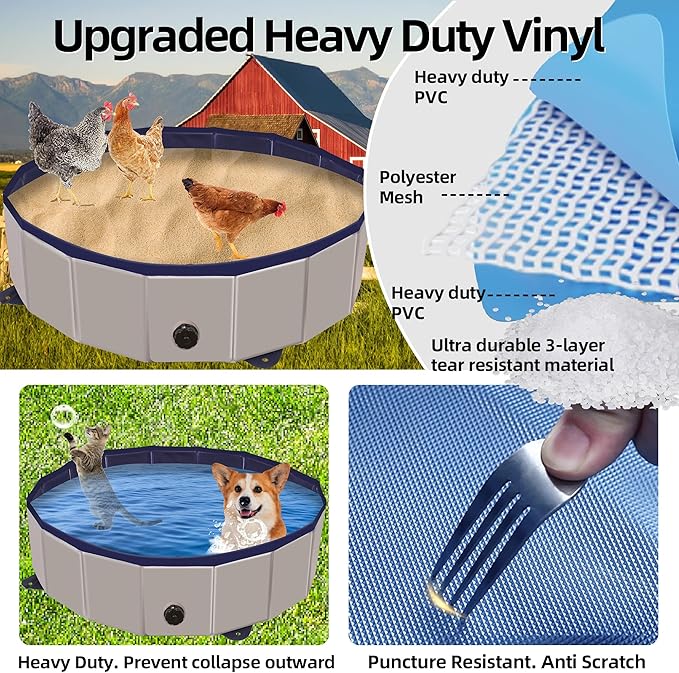 Chicken Dust Bath Tub, Chicken Coop Lime Cleaner Container, 32" D X 8" H PVC Material Foldable Portable Essential Chicken Coop Dusting Accessory. (Grey)