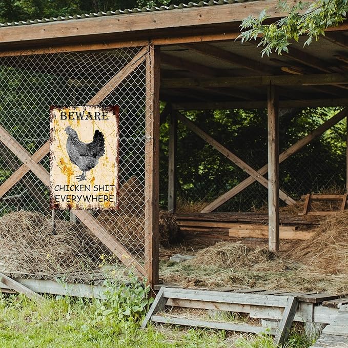 Funny Metal Chicken Coop Sign - Beware Chicken Shit Everywhere - Yard, Garage, Farm, Garden Wall Decor Plaque for Home Fence - Outdoor Tin Sign 8 X 12 Inches