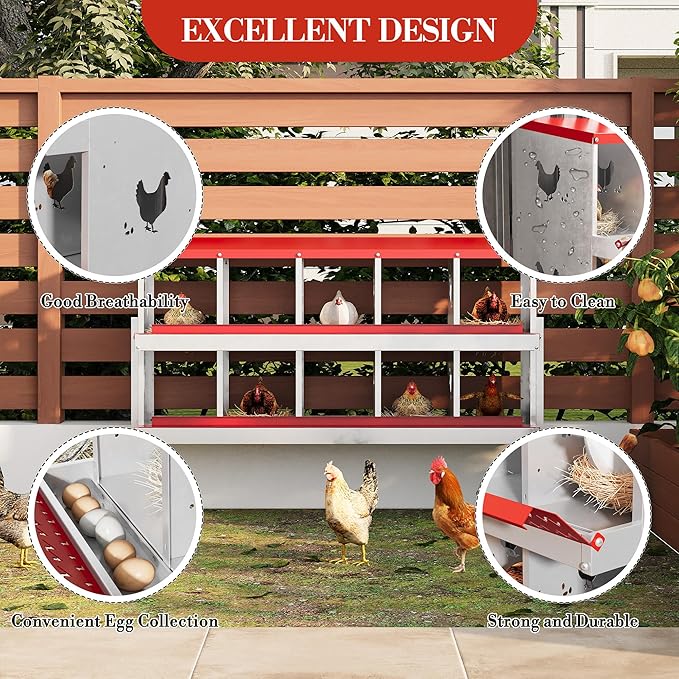 10 Holes Chicken Nesting Boxes, Nesting Boxes for Chickens, Easy to Clean and Install, Chicken Laying Box for Outdoor Chicken Coop Farm Yard, Red