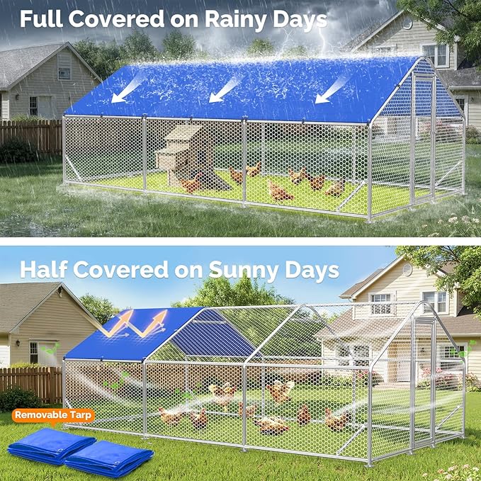Large Metal Chicken Coop with Hexagonal Chicken Wire, Chicken Coop Run Pen for Yard with Waterproof Cover, Outdoor Large Walk-in Chicken Coops for 30 Chickens Duck Pen House Cage Run