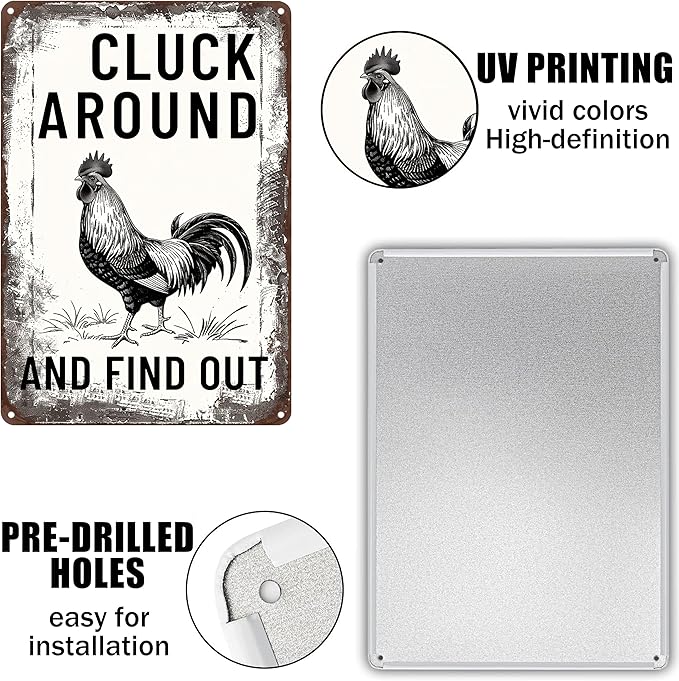 Funny Chicken Signs-Vintage Metal Chicken Signs for Coop Funny Outdoor,Cluck Around and Find Out Tin Sign for Home Farm Chicken Coop Farmhouse Kicthen Garden Decor 8 X 12 Inch
