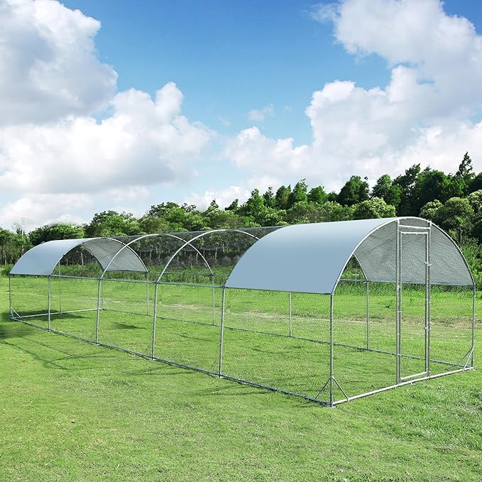 Large Metal Chicken Coop Round Top Upgrade Tri-Supporting Wire Mesh Chicken Run,Chicken Pen with Water-Resident and Anti-UV Cover,Duck Rabbit House Outdoor (31.2'L x 9'W x 6.5'H)