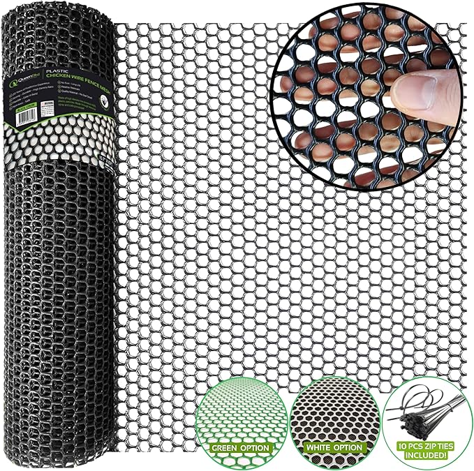 QueenBird Black Plastic Wire Mesh Fence 15.7IN x 10FT Roll - Ideal for Poultry, Dogs, Rabbit, Snake Barrier & Gardening - Durable Plastic Chicken Wire Mesh - Versatile Plastic Fencing&Netting Solution