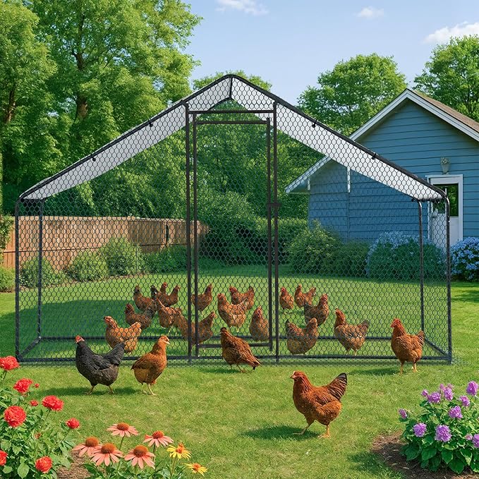 VINGLI Chicken Coop, 6.5 * 9.8 * 6.5 ft Large Metal Poultry Cage for Chicken Run, Walk-in Chicken Pen with Waterproof & Anti-UV Cover for Yard Outdoor (Black-Spire Roof)