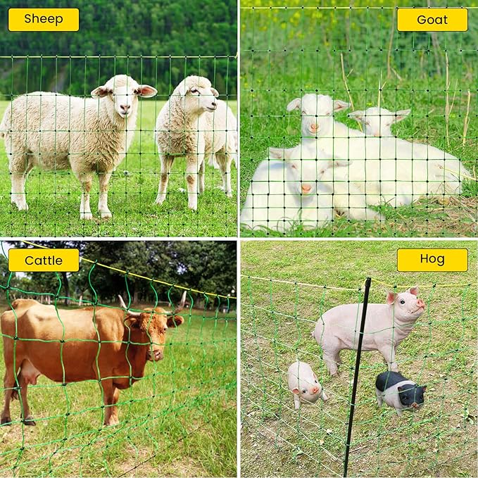 Electric Fence Netting, 164'L x 42.5" H Movable Livestock Nets for Sheep, Hogs, Cattle, PE Net Fencing Kit with 14 Posts Double Spiked, Electric Fencing for Backyards, Homesteaders, Farms Ranches