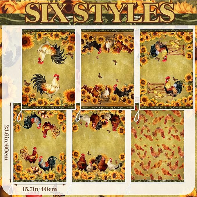 6 Pcs Farmhouse Kitchen Towels Rooster Dish Towels Cock Dishcloths Sunflower Retro Hand Cloths Rustic Cock Mom Gifts for Kitchen Christmas Bathroom Decor Housewarming Gift