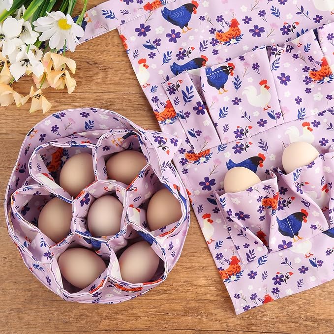 Egg Collecting Apron and Basket Set (2 Pack), Chicken Egg Collector with 12 Deep Pockets and 7 Pockets Basket for Hands-Free Harvesting, Farm Fresh Eggs, Backyard Chickens, Durable Poultry Accessories