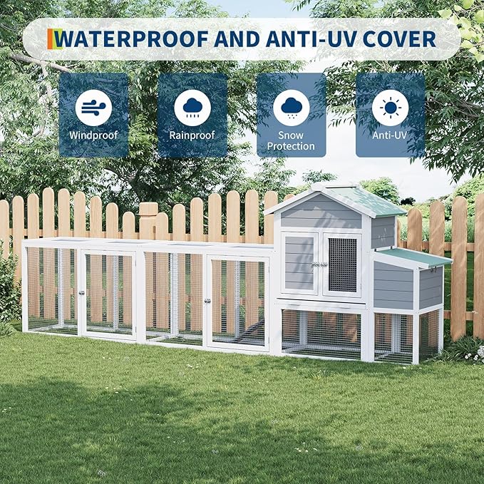Large Chicken Cage with Waterproof and UV-Resistant Roof, 122" Wooden Chicken Coop with Nesting Box, Sliding Tray & Ramp, Hen House Poultry Cage for Backyard, Farm