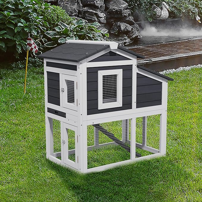 Small Chicken Coop for 2 Chickens, Wooden Chicken Coops with Nesting Boxes Indoor Outdoor, Predator-Proof Bunny House Rabbit Hutch Poultry Pet Tractor Cage with Waterproof Roof, Stairs&Removable Tray