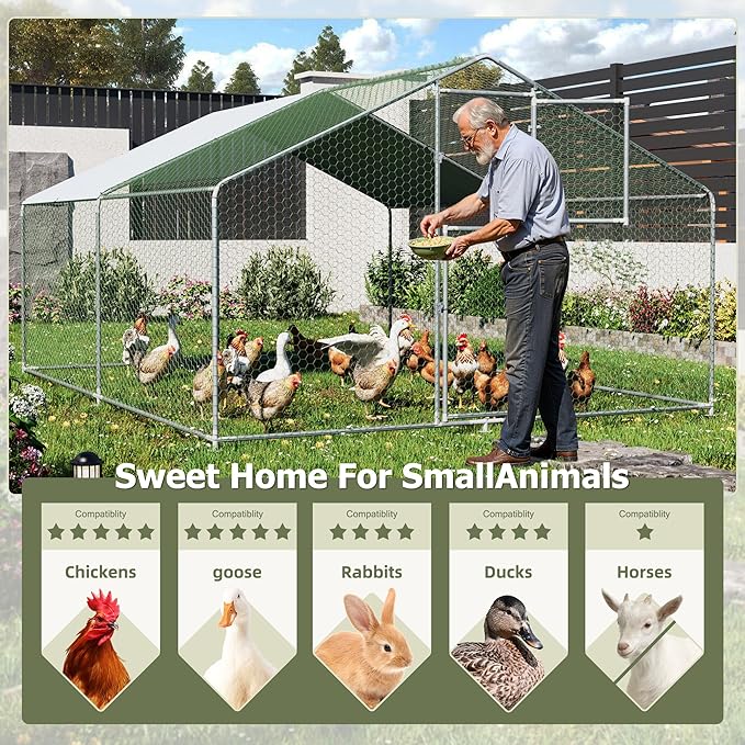 Large Metal Chicken Coop,19.7x9.8x6.4 FT Chicken Run for Yard with Waterproof & Anti-UV Cover,Walk in Chicken Pen with Feeding Door (13.1 * 9.8 * 6.4 ft)