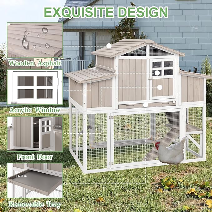 56.03" L 2-Story Chicken Coop with Run,Fir Wood Chicken House Hen House with 2 Large Nesting Boxes,Expandable Poultry Cage for 2-4 Chicken with 4 Perching Bars,Pull-Out Tray,Ramps
