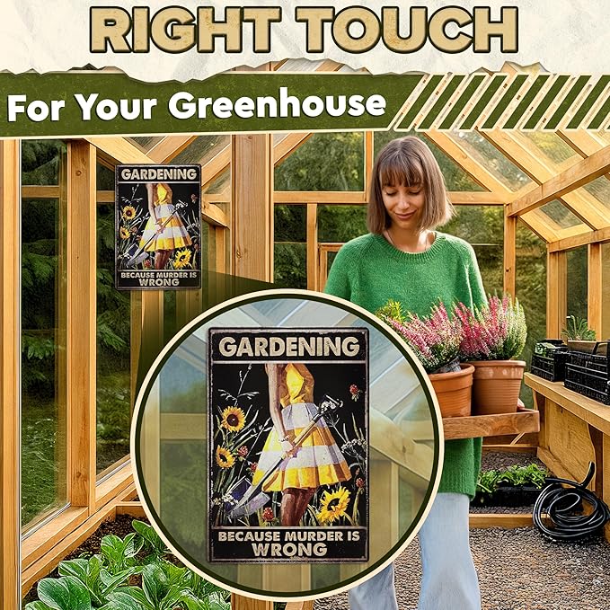 Funny Garden Signs for Outside - Gardening Because Murder is Wrong Sign 8x12 In Vintage Funny Metal Signs for Outside - Unique Gardening Gifts for Women | Gardener's Backyard, Patio and Porch Decor