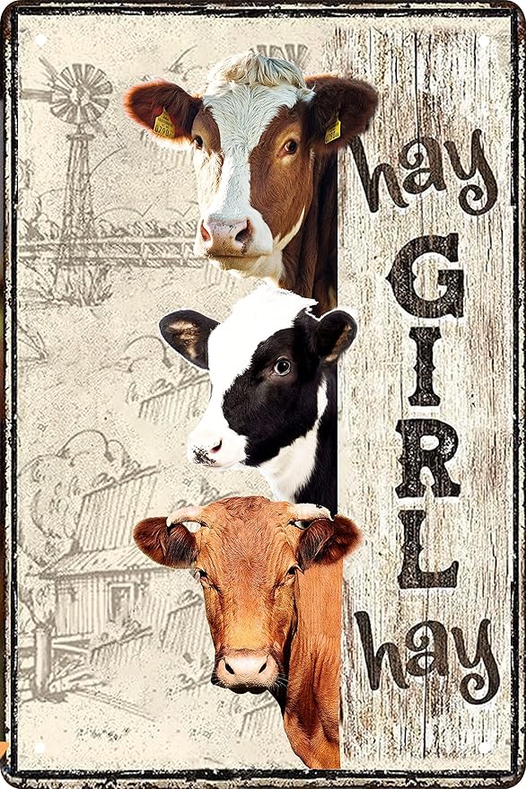 Vintage Cow Decor Gift Metal Tin Sign for Retro Farm Home Kitchen Room Farmhouse Garage Coffee Bar Wall Decor Art Poster Gifts - Hay Girl Hay - 8x12 in