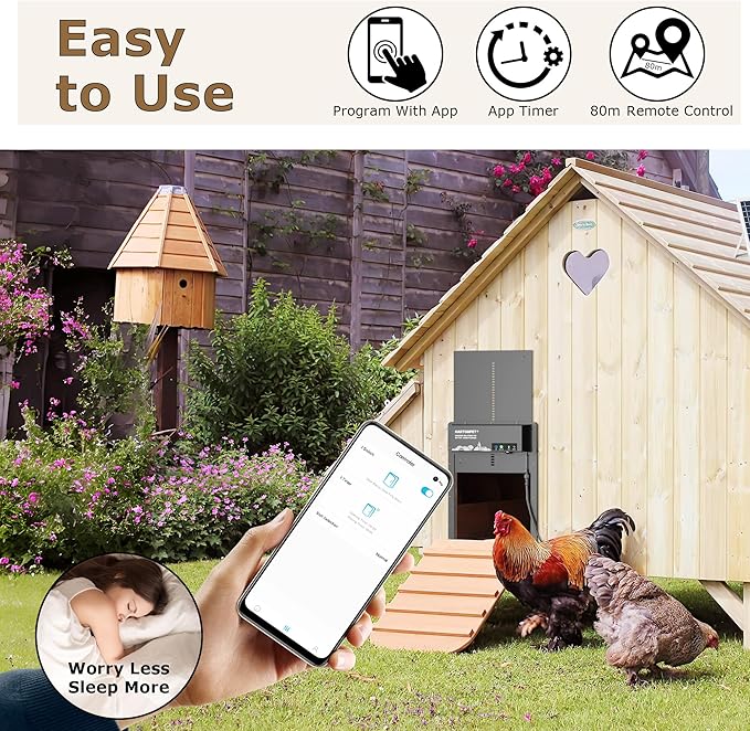 Automatic Chicken Coop Door – App-Controlled Schedule, Solar/Battery/Plug-in Powered, Anti-Pinch Motion Sensor with Resistance Detection, Weatherproof Aluminum Electric Door - HARTOMPET