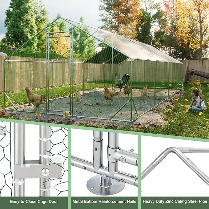 Large Chicken Coop,Metal Chicken Run for Yard with Door,Outdoor Galvanized Wire Poultry Chicken House with Waterproof and Anti-UV Cover,Duck Rabbit Cage (10' L x 26' W x 6.56' H)