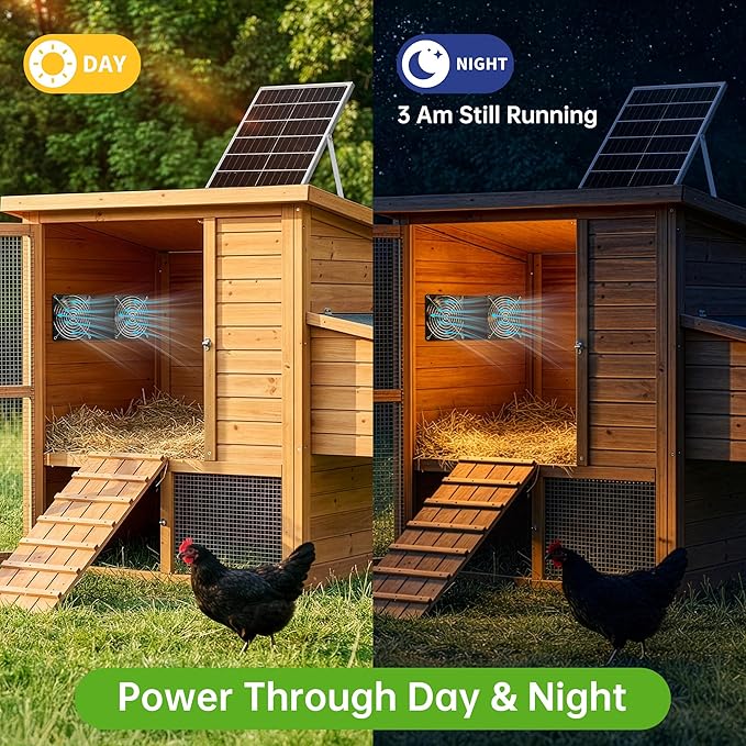 Solar Fan for Chicken Coop, ropelux Solar Powered Dual Exhaust Fans with 12000mAh Battery & 2 Timers, 24/7 Strong Airflow Cooling Ventilation for Greenhouses, Dog Houses, Attics, Sheds, Cabins