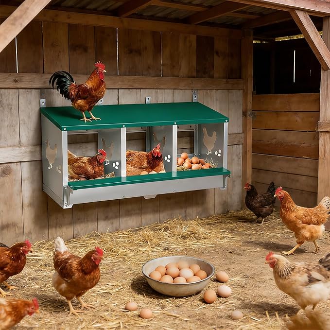 Chicken Nesting Box 3 Compartment with 10 Pet Moisture Pads and 4 Fake Eggs Roll Away Egg Collection, Perch, Lid Cover for Egg Protection - Wall Mount Nest Box for Chickens, Hens, Ducks