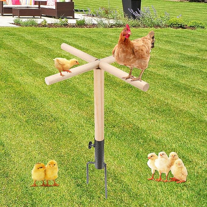 Chicken Perch Toys for Coop, Chick Perch Stand Wooden with Metal Ground Plug, Reusable Chicken Roosting Bar Ladder Backyard Playground Toys Suitable for Poultry Rooster Chicks Bird Parrot
