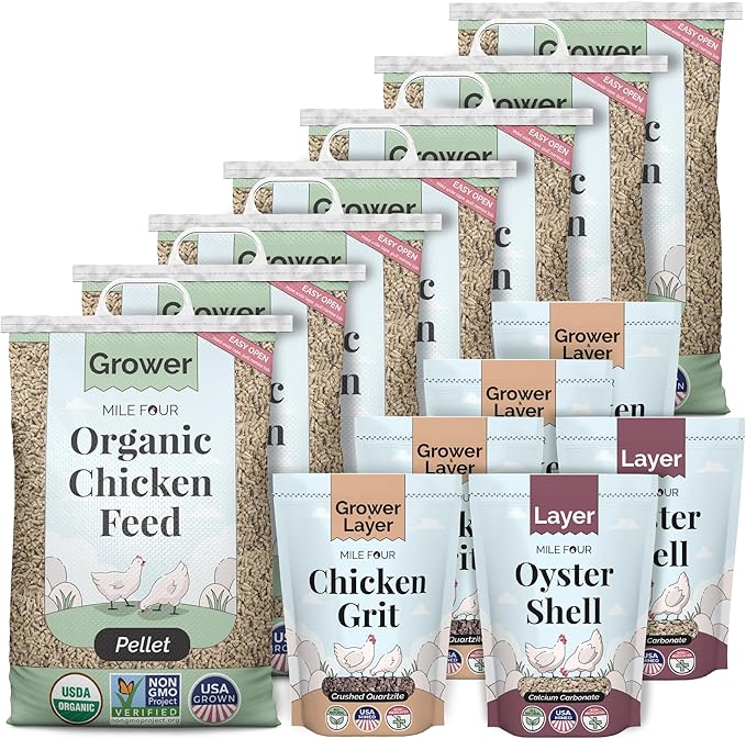 Mile Four Organic Grower Chicken Feed Kit | Feeds 10 Grower (8-20 Weeks) Chickens 12 Weeks | Feed (161 lb), Grit (20 lb), Oyster Shell (8 lb) | Pellet