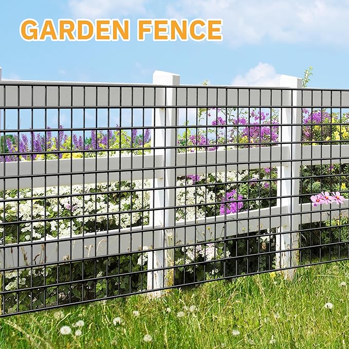 Black Metal Garden Fence, 60inch(H) x 50ft(L), 2 inch x 4 inch,12.5GA 2/3/4/5/6 Ft Tall Chicken Wire PVC Coated Welded Wire Mesh Roll for Dogs Border Yard Vegetable Plant Protection Poultry Netting