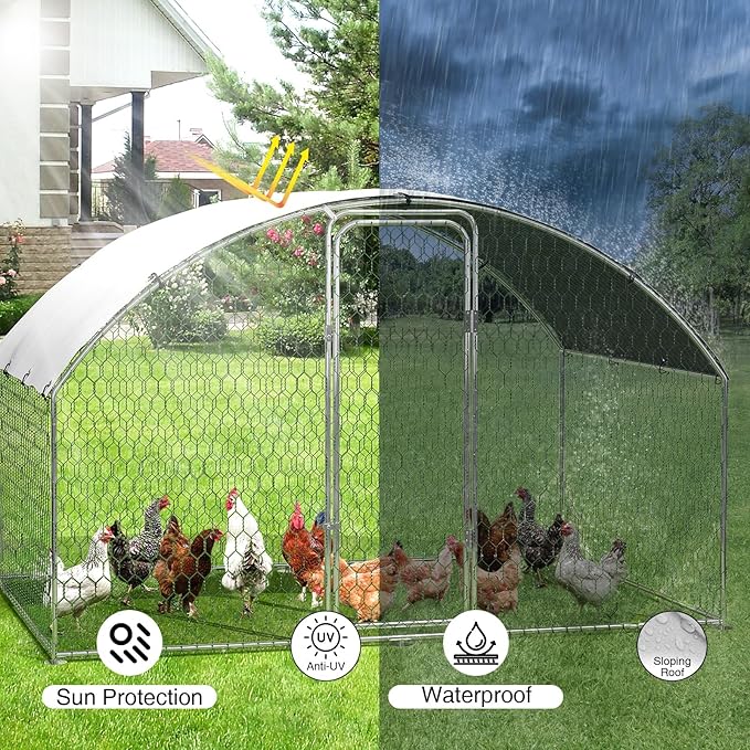 Large Metal Chicken Coop, Walk-in Poultry Cage, Chicken Run Pen House with Waterproof & Anti-Ultraviolet Cover Chicken Coop Run with Lockable Doors for Outdoor and Backyard 9.8 x 6.5X 6.5ft