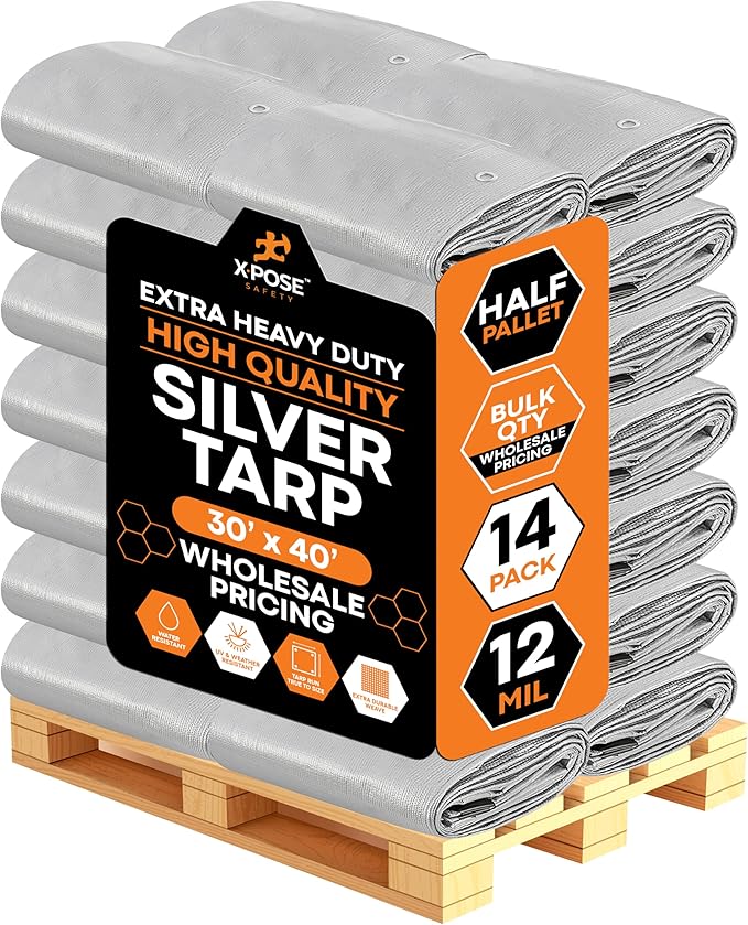 Heavy Duty Silver Poly Tarp 30' X 40' - Bulk Half Pallet (14 Pack) - Multipurpose Protective Cover - Durable, Weather Proof & Tear Resistant - 12 Mil Thick Polyethylene - by Xpose Safety