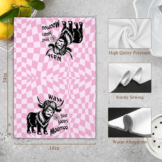 Funny Highland Cow Pink Bathroom Kitchen Towels, Cute Wash Your Hooves Hand Towel for Girly Teens Room, Farmhouse Gifts for Farmer, Trendy Preppy Checkered Dish Towels Decor for Dorm 16x24in