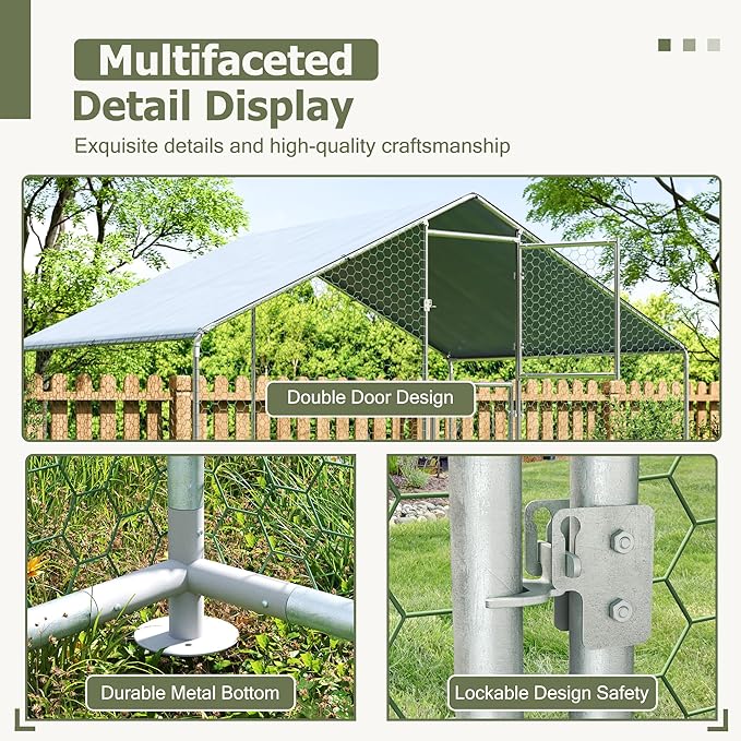 Large Metal Chicken Coop,19.7x9.8x6.4 FT Chicken Run for Yard with Waterproof & Anti-UV Cover,Walk in Chicken Pen with Feeding Door (6.6 * 9.8 * 6.4 ft)