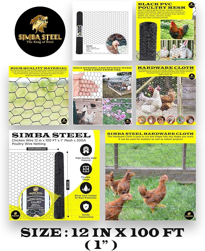 12” x 100 FT PVC Hexagonal Poultry Netting Chicken Wire | 1" Mesh | 20 Gauge | Black PVC Vinyl Coated | Rust Proof | for Garden, Fence, Chicken, Rabbit (PVC 12 x 100)