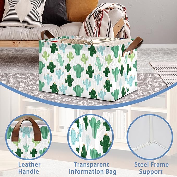 Cactus Tropical Storage Basket,Collapsible Storage Bin Cubes for Living Room Bedroom Blankets Home Storage 17x11.5x10Inch