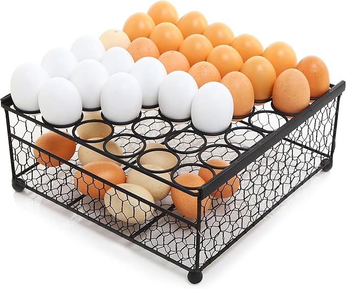 MyGift 2 Tier Black Metal Chicken Wire 36 Egg Display Tray with Bottom Storage Compartment for Fresh Eggs, Country Rustic Farm Egg Basket Container Box
