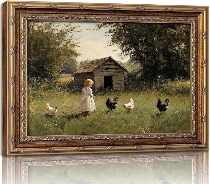 Vintage Gold Framed Farmhouse Chicken Wall Art Retro Country Farm Girl and Chicken Canvas Wall Decor Retro Rustic Poster Artwork Farmhouse Animal Picture for Home Living Bedroom 16x24in