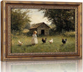 Vintage Gold Framed Farmhouse Chicken Wall Art Retro Country Farm Girl and Chicken Canvas Wall Decor Retro Rustic Poster Artwork Farmhouse Animal Picture for Home Living Bedroom 16x24in