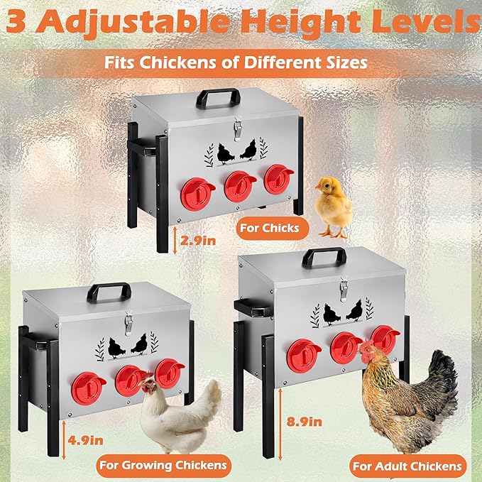 Large Capacity Automatic Chicken Feeder, 6 Port Chicken Feeder, 28LB Metal Chicken Feeders with Locking Lid & Adjustable Legs, No Waste Chicken Feeder, Silver