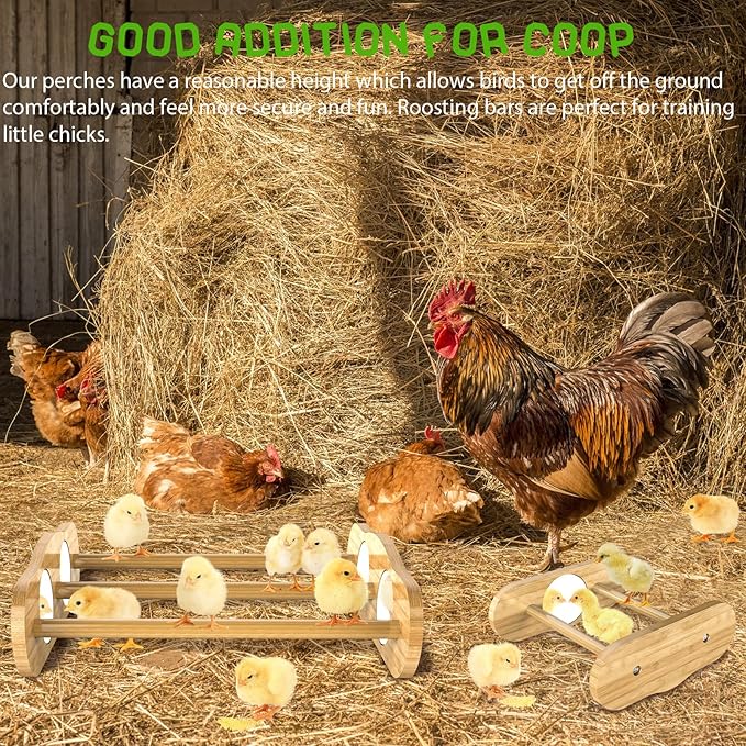 Bamboo Chick Perch with Mirror and Mini Roosting Bar Set for coop and brooder(2 Pack), Training Perch for Large Bird, Hens, Parrots, Macaw, Easy to Assemble and Clean,Fun Toys for Chicken