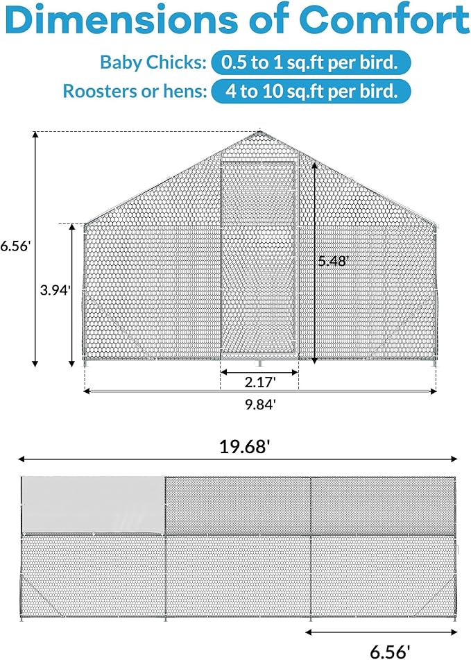 Large Metal Chicken Coop, Walk in Chicken Run with Waterproof & Anti-UV Cover, Spire Roof Large Poultry Cage for Small Animals Yard Farm Patio, 19.68 x 9.84 x 6.56 ft