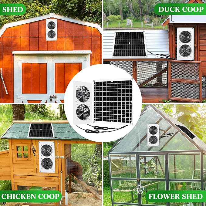 2 Sets Solar Panel Fan Kit 25W 12V Solar Fans for Outside Greenhouse USB Portable Waterproof Dual Fan with Metal Shell for Inside Chicken Coop, Shed, Pet House