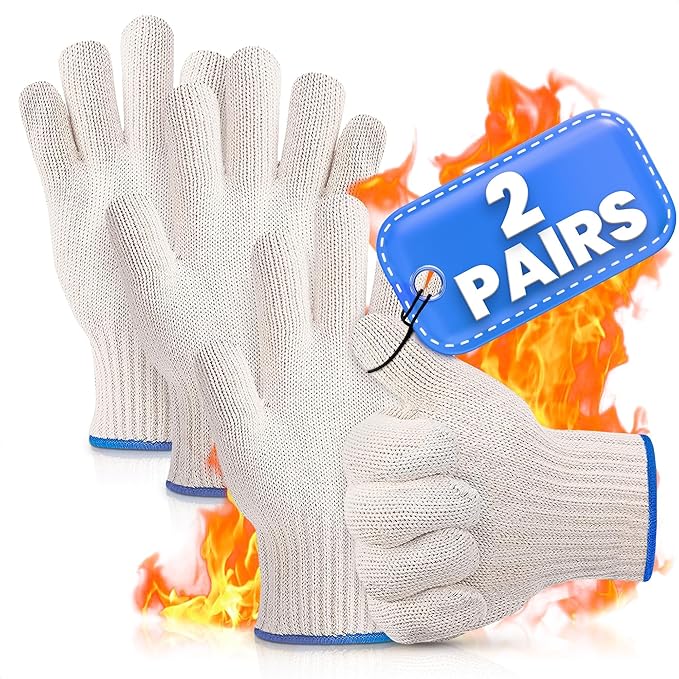 2 Pairs Heat Resistant Gloves for Grilling - 9.45 Inch Durable Aramid Oven Gloves with Fingers - Full Hand Protection, Functionality, Easy to Use, Multipurpose for Baking, Roasting, Frying, and More
