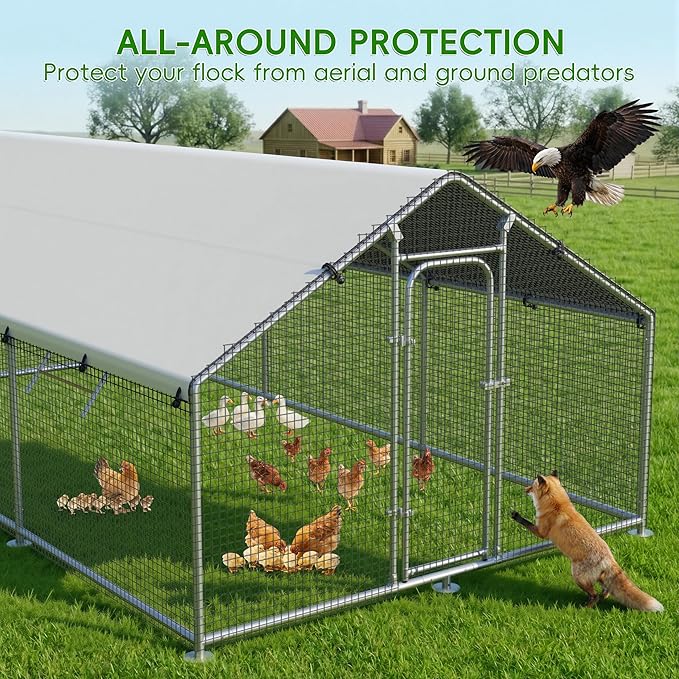 Large Metal Chicken Coop Run with Roosting Perch, Outdoor Poultry Cage with Waterproof & UV-Resistant Cover for Chickens, Ducks, Rabbits in Yard or Farm Use, Spire Roof(8.9'W x17.7'L x 6.6'H)