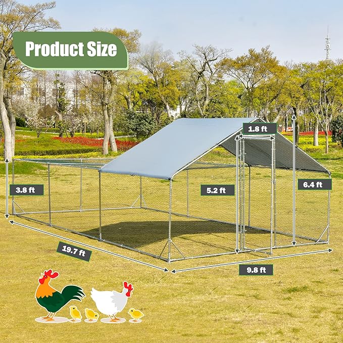 Giantex 20ft Large Metal Chicken Coop, Walk-in Chicken Run Poultry Cage, Waterproof and Sun-Proof Cover, Galvanized Steel Frame, Hen Duck Rabbit House Outdoor Farm Yard (20 x 10 ft, Half Spire)
