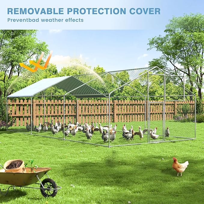 Polar Aurora Metal Chicken Coop, Large Outdoor Chicken Pen, Walk-in Chicken Run for 6-20 Chickens, Double Door Chicken House with Waterproof UV Protection Cover for Backyard (Spire-L)