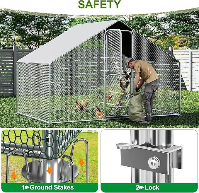 Amopatio Metal Large Chicken Coop 9.8x6x6 FT Walk in Chickens Run with Chicken Roosting Perch, Outdoor Chicken House with Security Lock and Split Door for Farm, Yard, Backyard