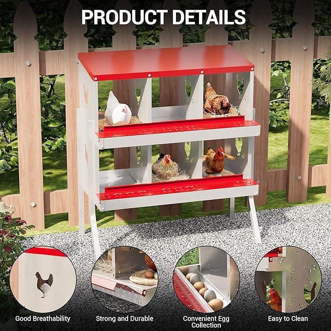 6 Hole Chicken Nesting Box, Galvanized Steel Nesting Boxes with Vented Design, Laying Nesting Boxes for Hens, Wall Mount, Red with Stand
