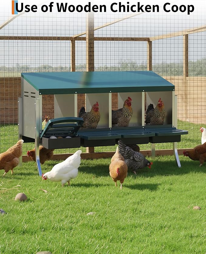 Chicken Nesting Box 4 Hole, Galvanized Steel Nest with Roll Away Egg Collection & Swing Perch, Easy-Clean Laying Box for Hens, Heavy Duty Design for Chicken Coop