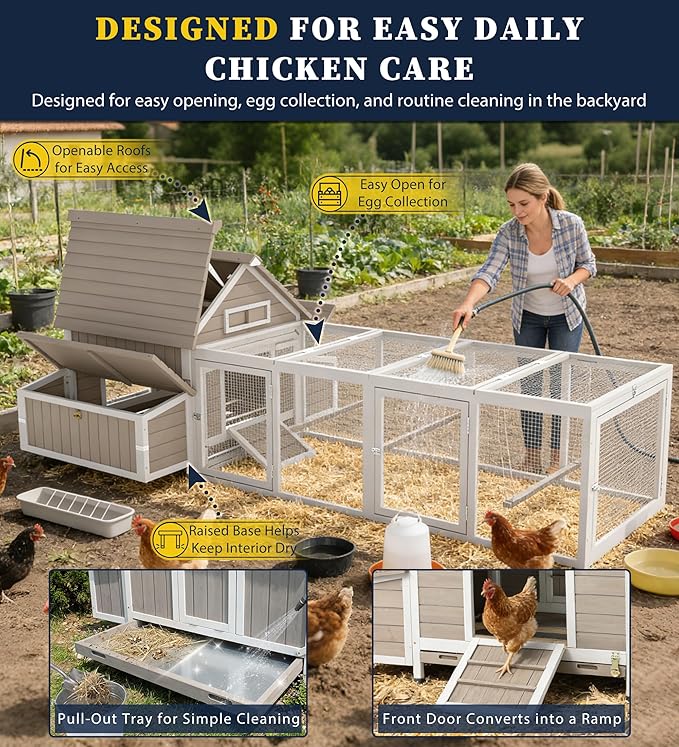 Large Wooden Chicken Coop with Run for 2–6 Chickens Outdoor Hen House with Raised Floor, Weatherproof Roof, 6 Nesting Boxes, 3 Perches & Slide-Out Tray Hen Coop for Backyard Poultry Pets