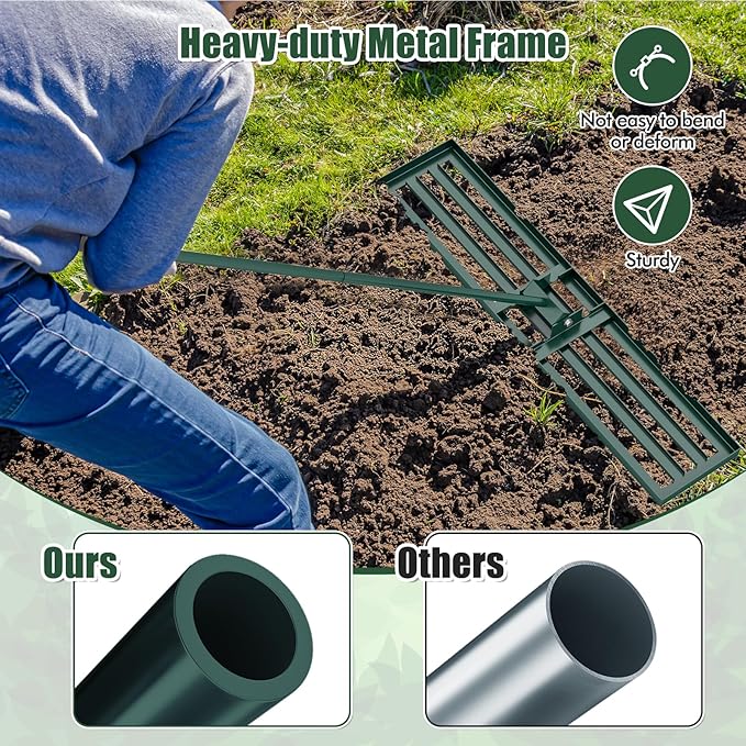 Happygrill Lawn Leveling Rake, Heavy Duty Lawn Level Tool for Soil w/67” Handle, Dirt Ground Leveler, Effort-Saving Landscape Rake for Garden, Backyard, Golf Course, Farm, Pasture (46" x 10", Green)